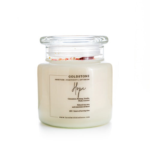 Candle Crystal Homewares Hope Goldstone. Scent is Cinnamon, Nutmeg, Vanilla, Musk, Coconut