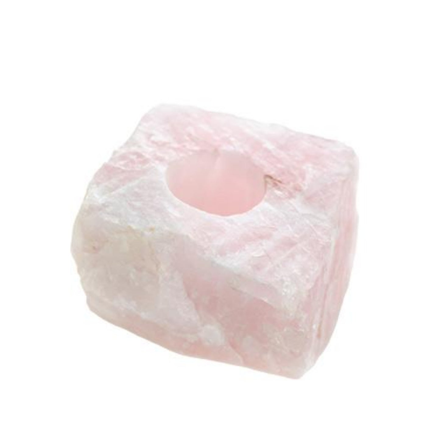 Candle Crystal Homewares Love Rose Quartz Rough Cut. Pale Pink Square cut rose quartz crystal for tealight candle. Crystal Homewares. Images is on white showing space for tealight candle in top center of rose quartz