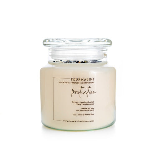 Candle Crystal Homewares Protection  Tourmaline. Scent is BErgamont, Jasmine, coconut, Ylang Ylang, Rosewood.  Beautiful Soy Wax Candle in Glass Jar with Lid front facing on white background