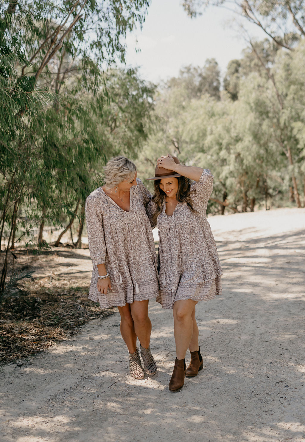 Models wearing Hollie Boho White Mini Swing Dress, LWK boho dress, summer look, spring look, australian boho shop