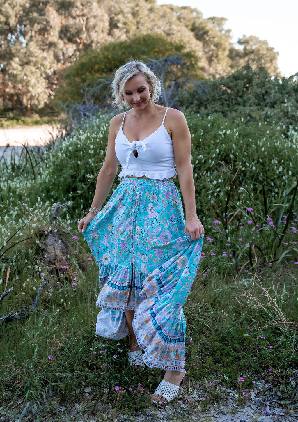 boho skirt claire, Australian boho shop, light blue floral skirt