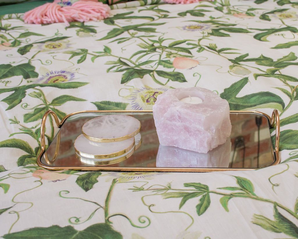 Rose quartz crystal holder and rose quartz tealight candle in gold tray