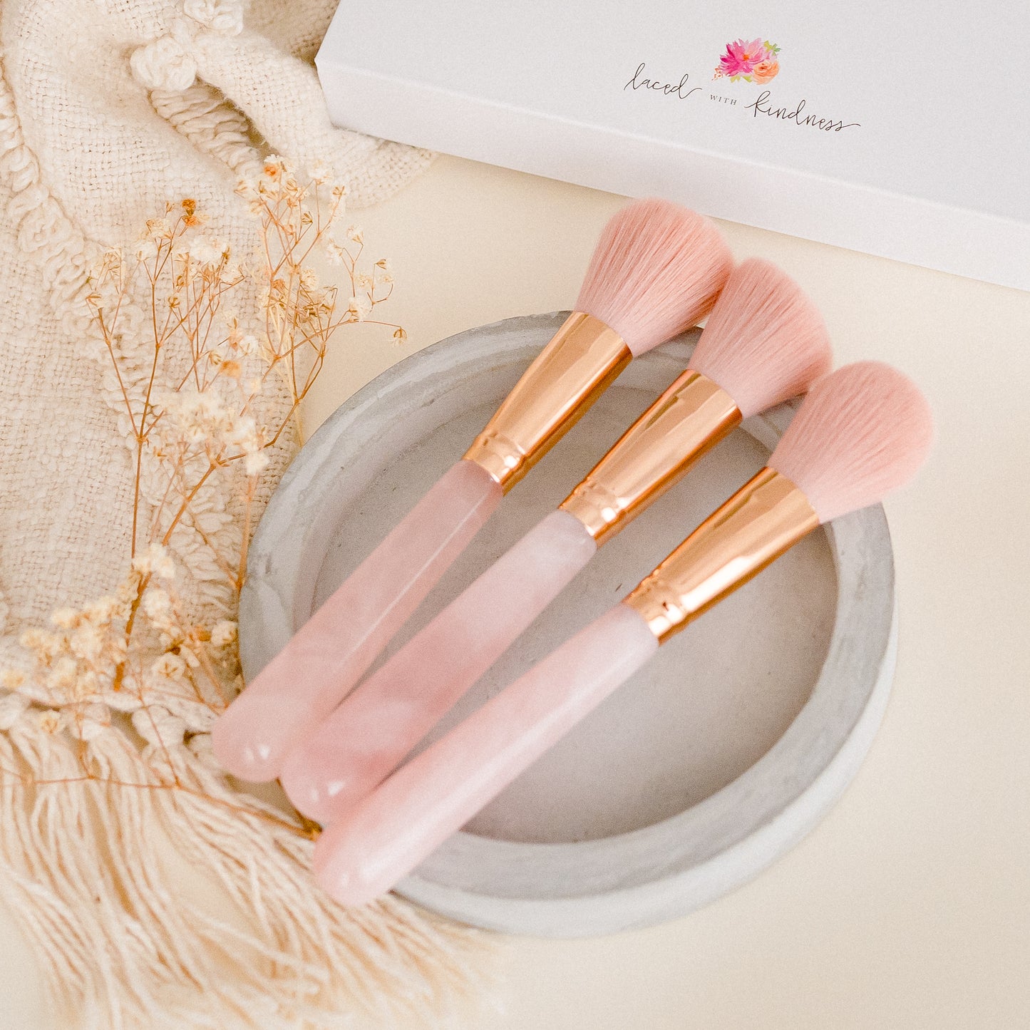 Rose Quartz soft makeup brush set, set of three, Australian brush, contour brush, blush, foundation brush