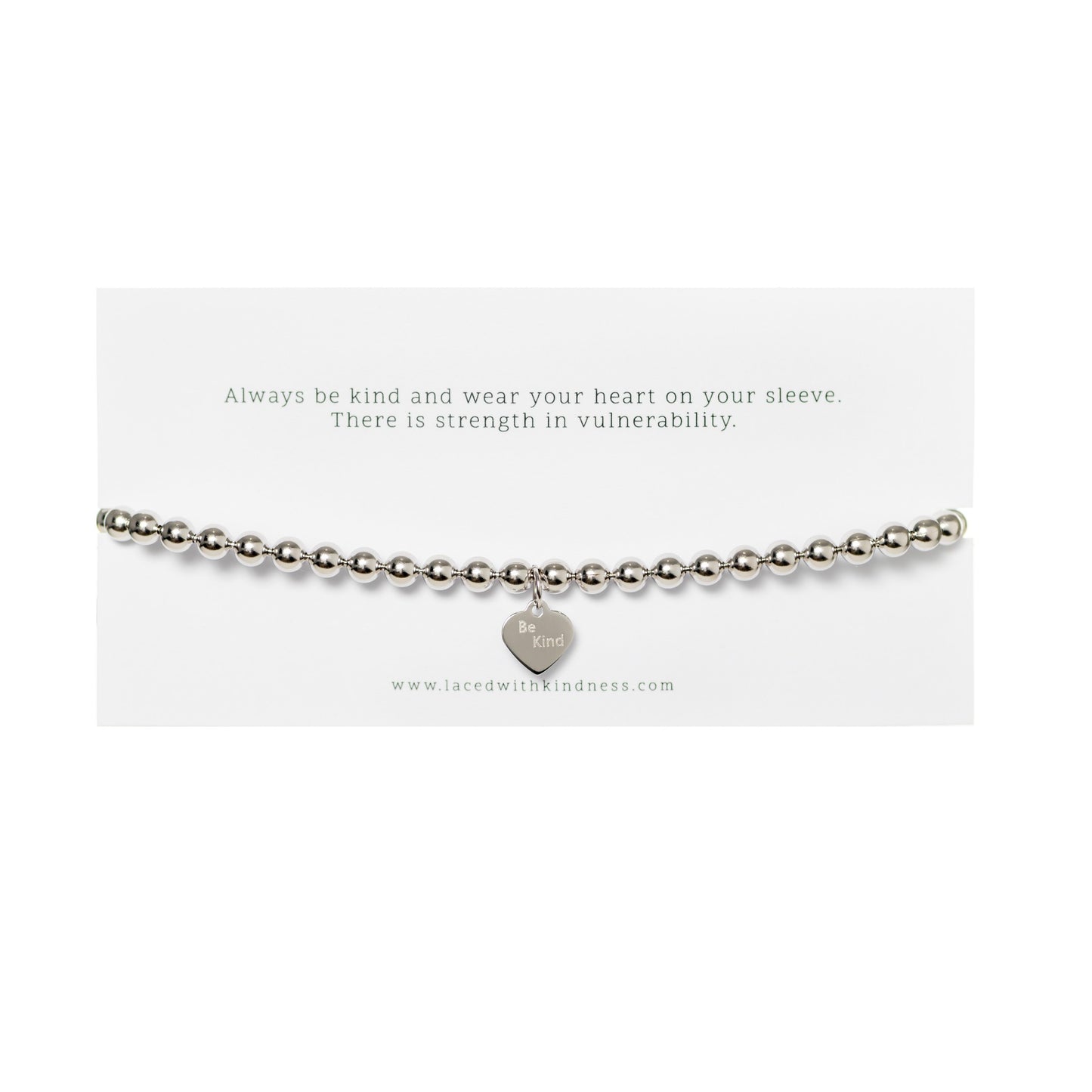 silver ball chain bracelet with engraved be kind hear pendant