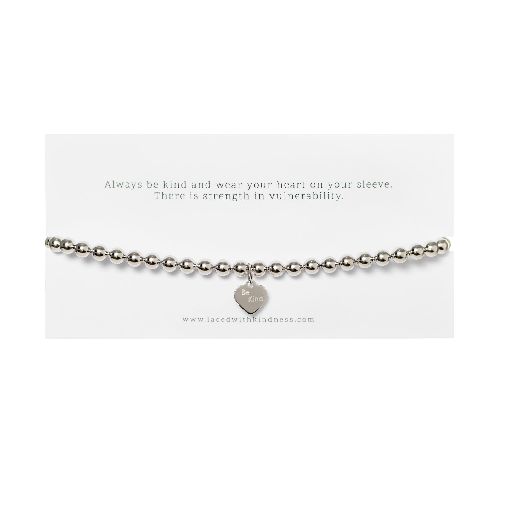 silver ball chain bracelet with engraved be kind hear pendant