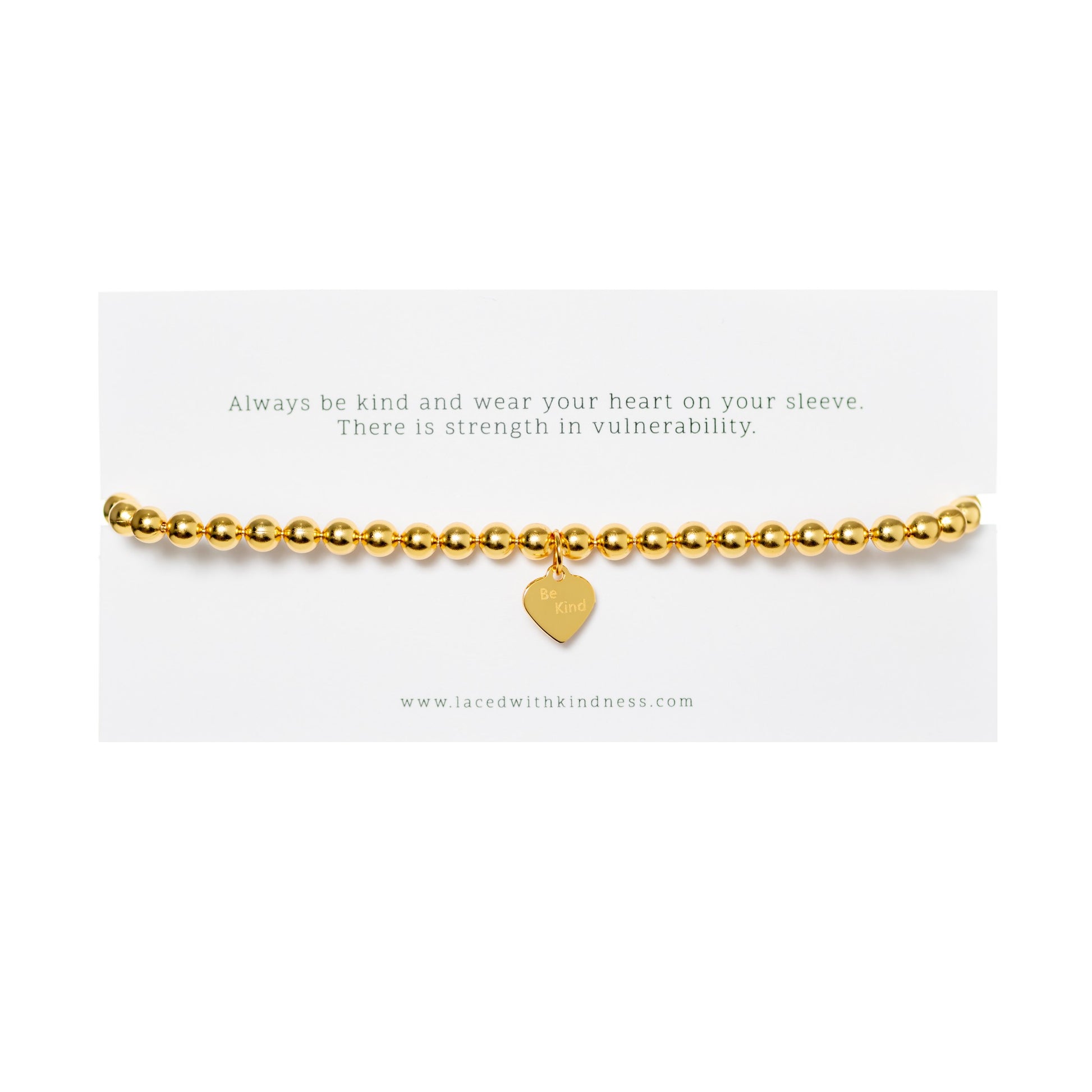 gold  ball chain bracelet  with engraved be kind heart pendant 