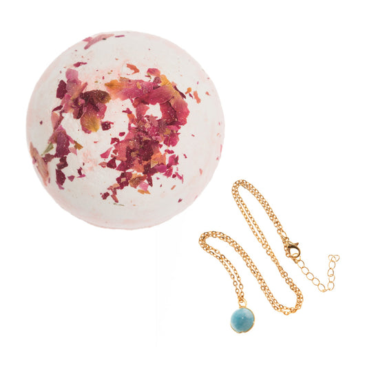 LWK Bath bomb surprise necklace, aquamarine, gold necklace, rose petal, rose scent