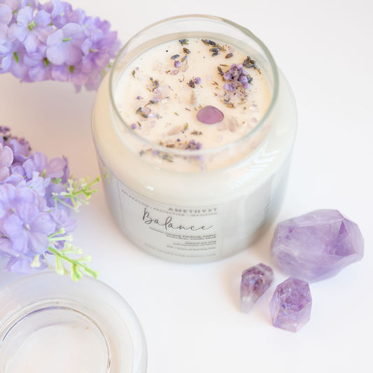 Balance Candle with Amethyst Crystal. For Relaxation Protection, Intuition. Scent Jasmine Coconut, Patchouli, Amber, Tonka Bean, Vanilla, Mint with flowers and crystals