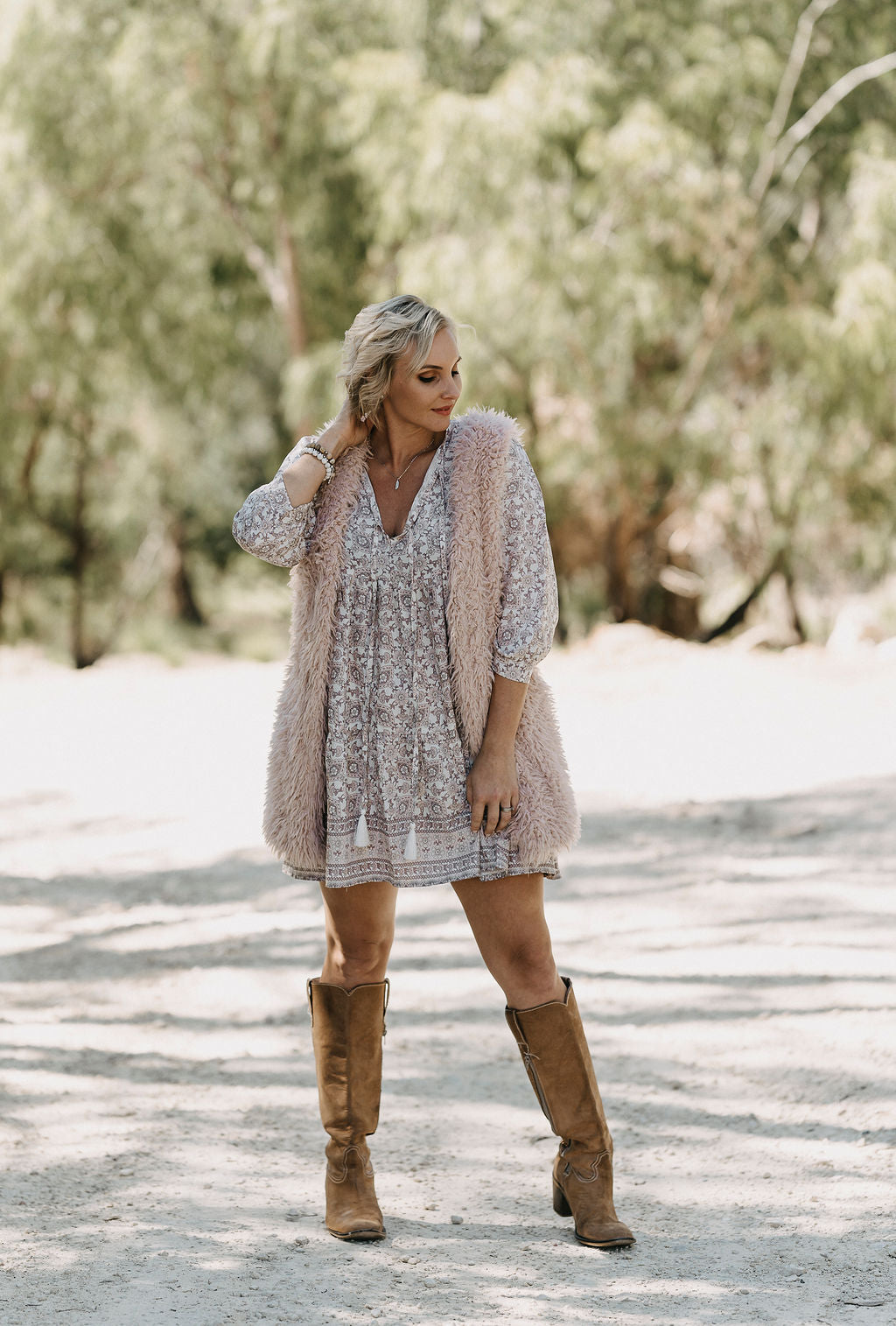 Model wearing Hollie Boho White Mini Swing Dress, LWK boho dress, summer look, spring look, australian boho shop