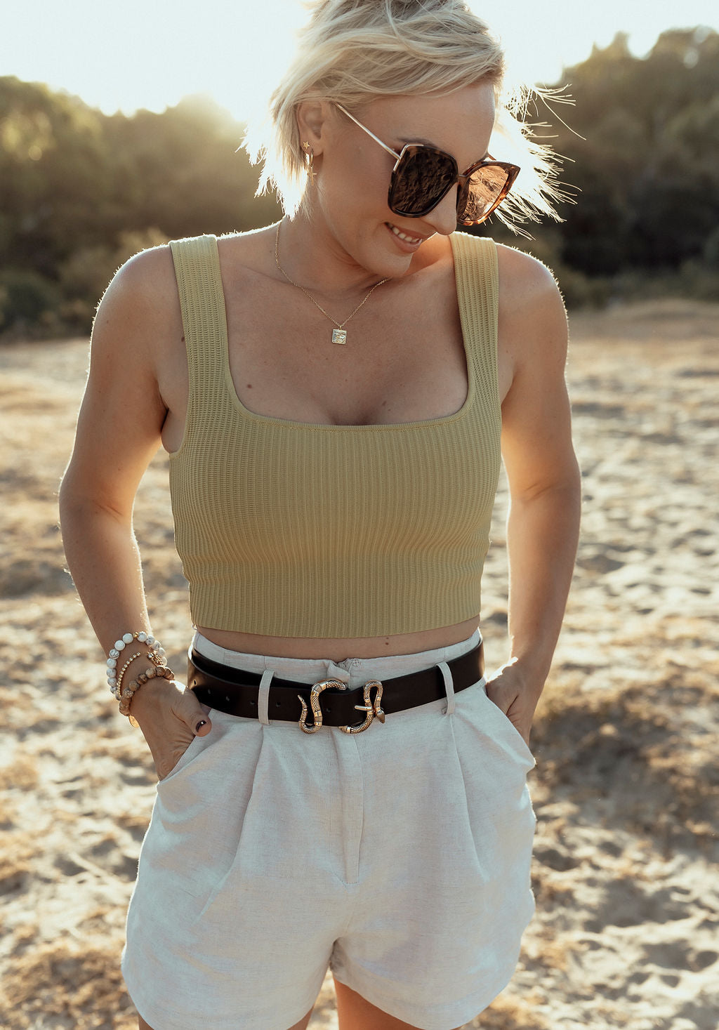 Model wearing crystal bracelet in White Howlite