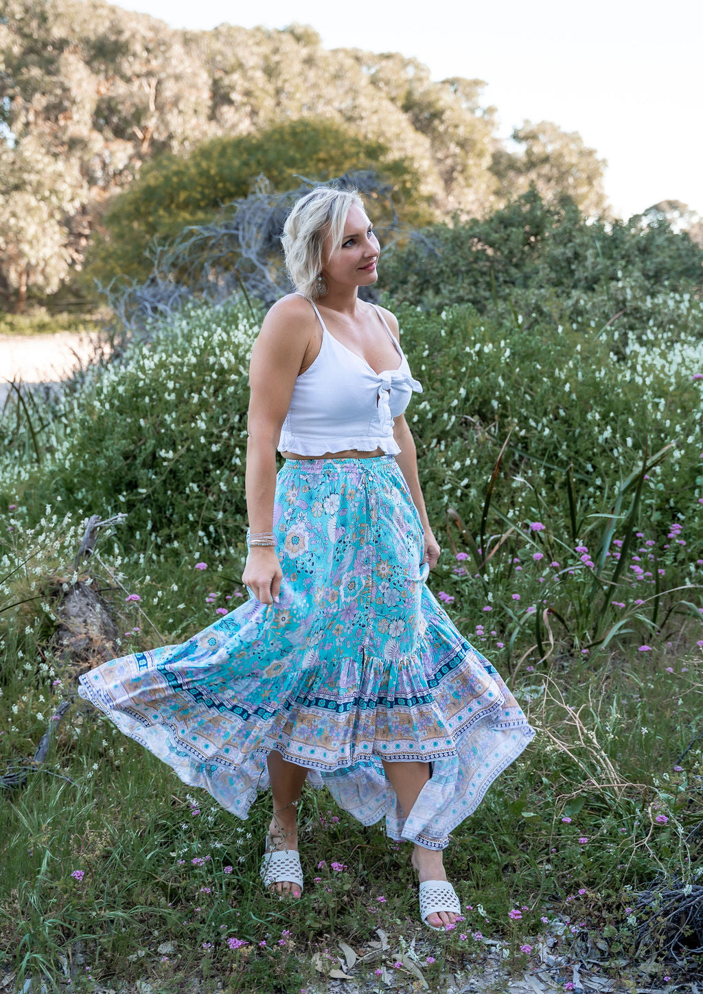 boho skirt claire, Australian boho shop, light blue floral skirt