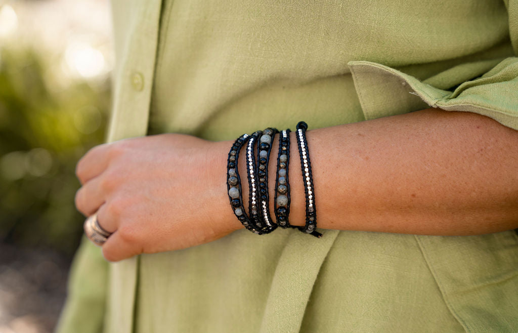 LWK Wrap Bracelet, Onyx, Pyrite, Labradorite when worn, healing crystal, Australian Boho Shop