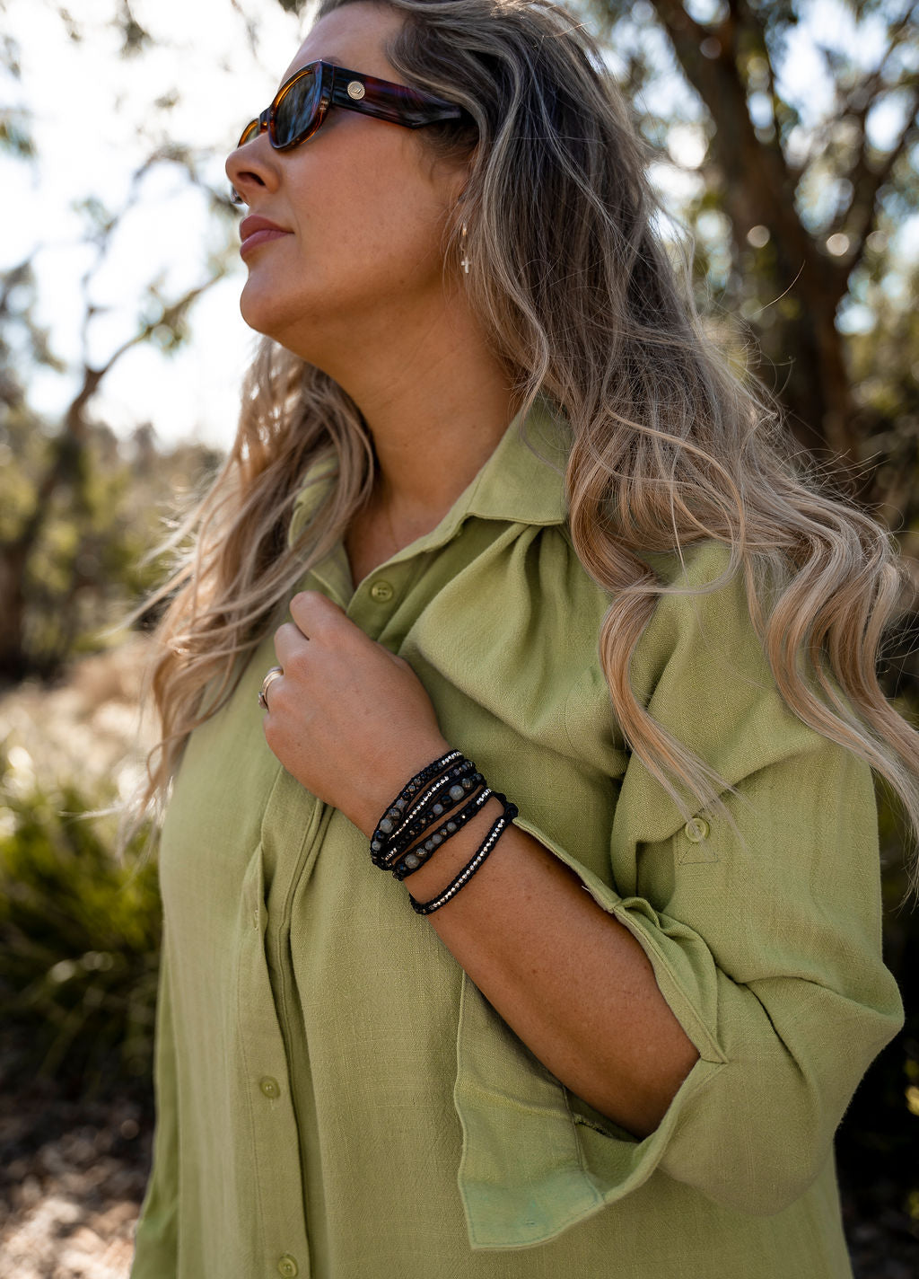 LWK Wrap Bracelet, Onyx, Pyrite, Labradorite when worn, healing crystal, Australian Boho Shop