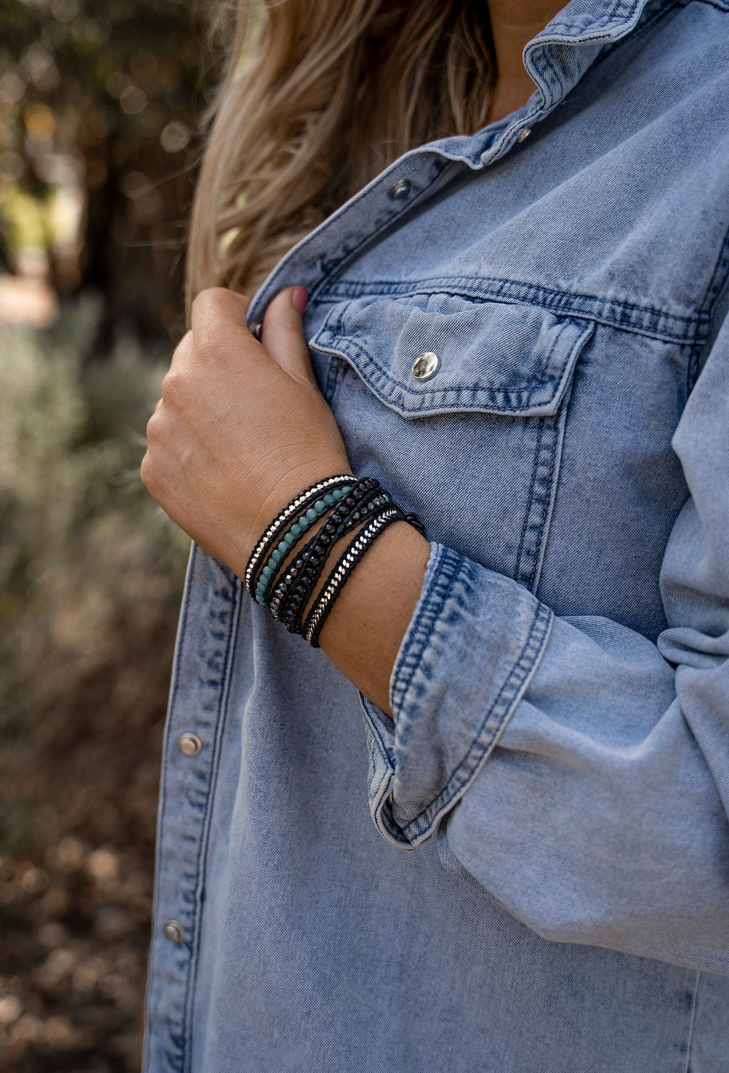 LWK Wrap Bracelet, Onyx, Dark Aquamarine Agate, Hematite, healing crystal when worn, Australian Boho Shop