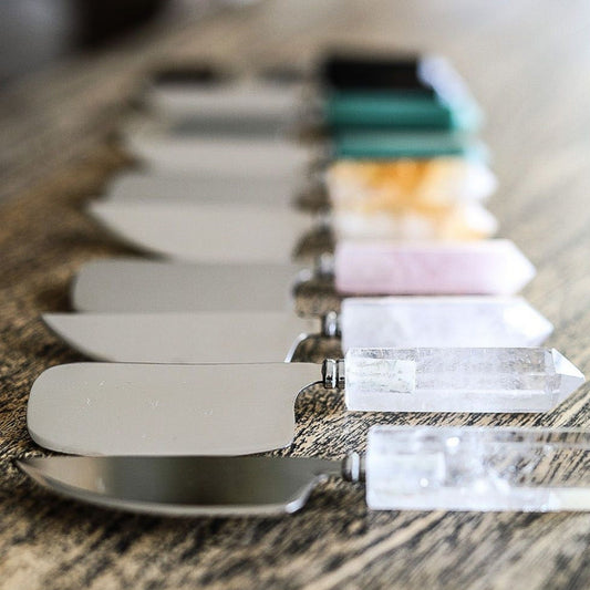 crystal cheese knife sets in clear quartz, rose quartz, citrine, adventurine, and black obsidian.  Australian Healing crystal shop for giftware and accessories