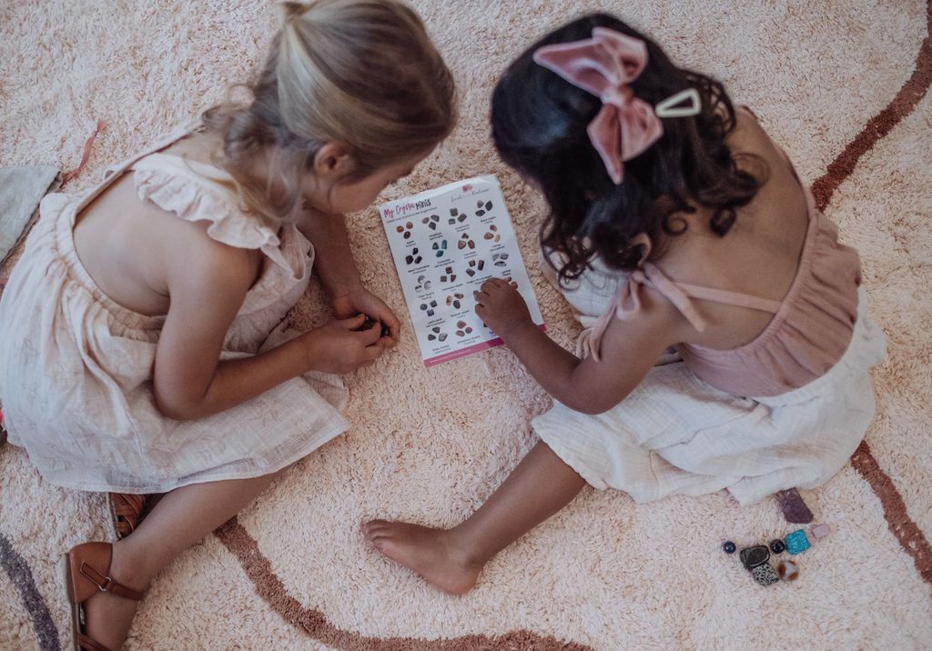 two kids playing with My Crystal Minis, Crystal sorting kit, crystals, Australian Boho shop, starter kit for kids.