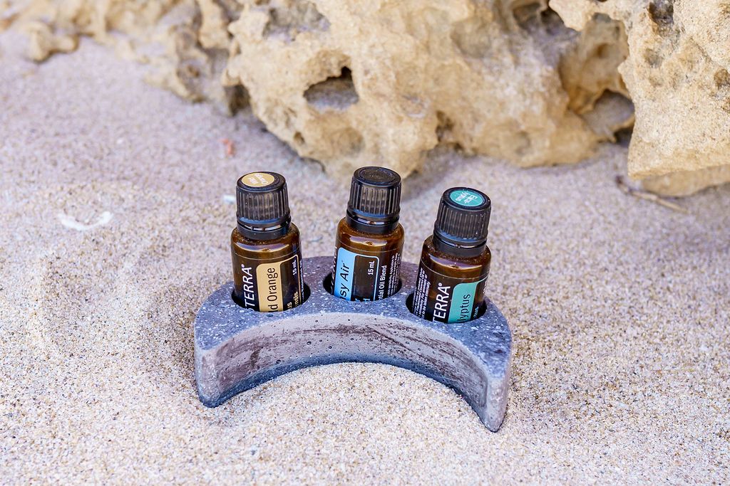 Charcoal  Crescent moon  essential oil tray with three essential oil bottles