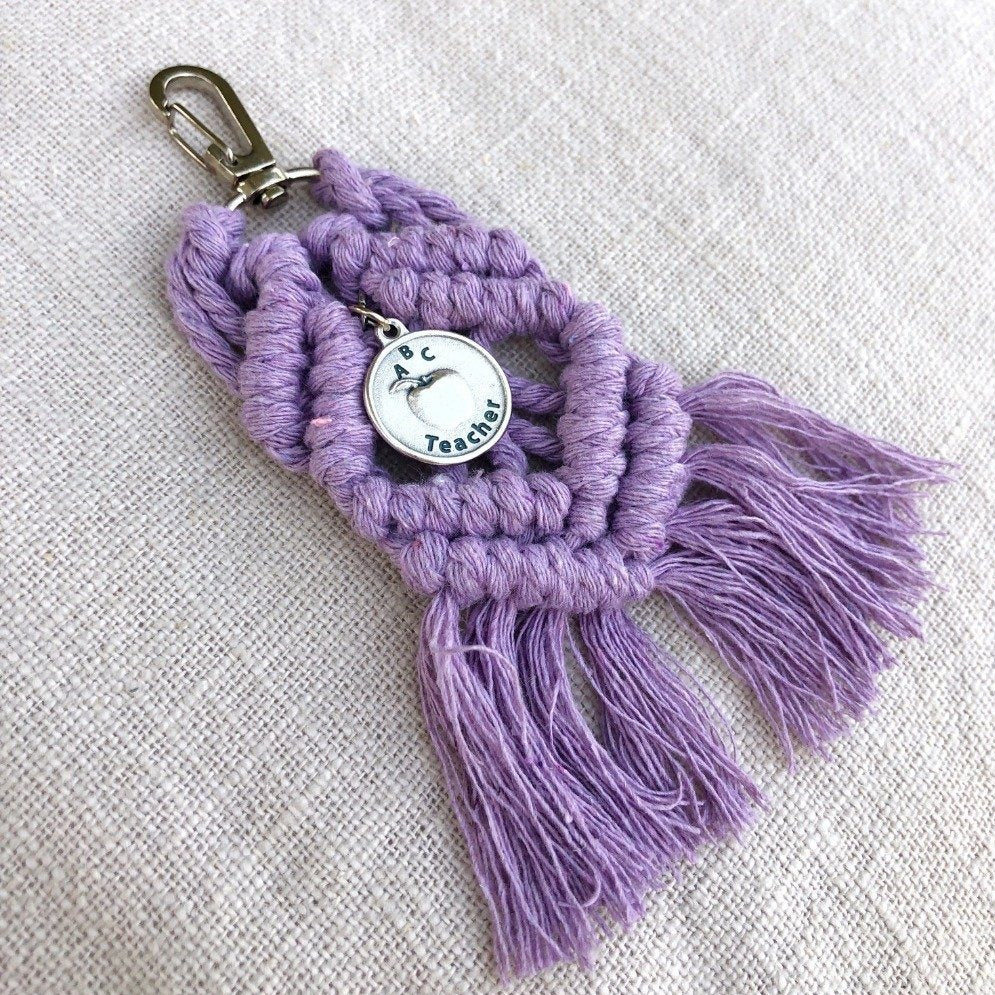 boho macrame keychains in purple