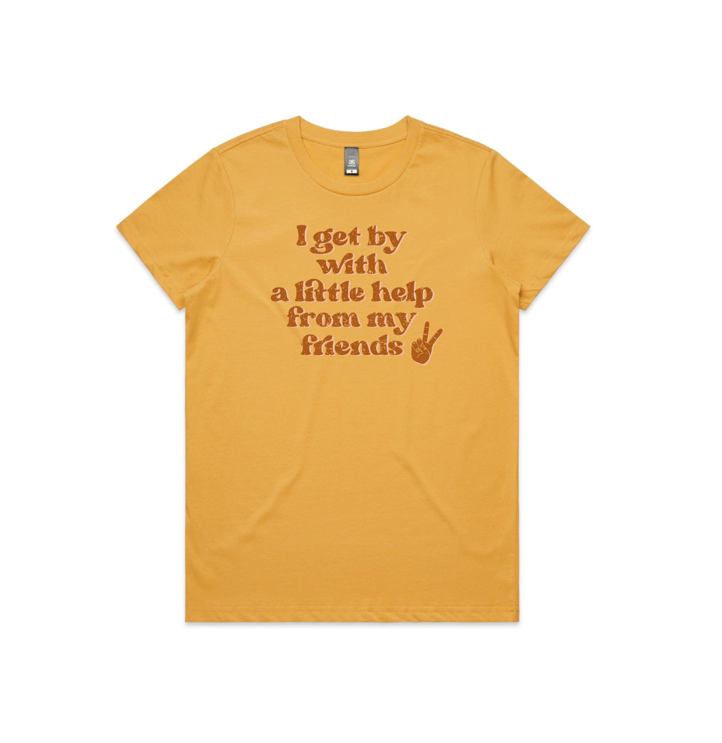 i get by with a little help from my friends peace sign mustard coloured t-shirt