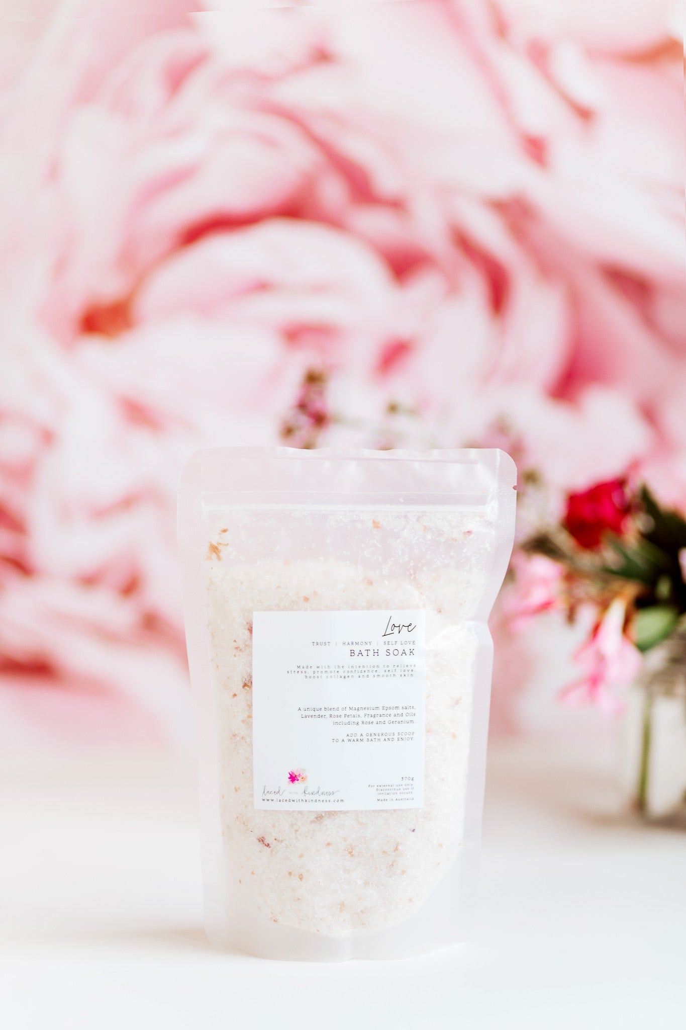 "Love" Bath salts and soak containing magnesium, epsom salts, Rose Petals, essential oils, lavender, rose, geranium. Luxury bath salts for spiritual women. Australian own and made from Laced with Kindness