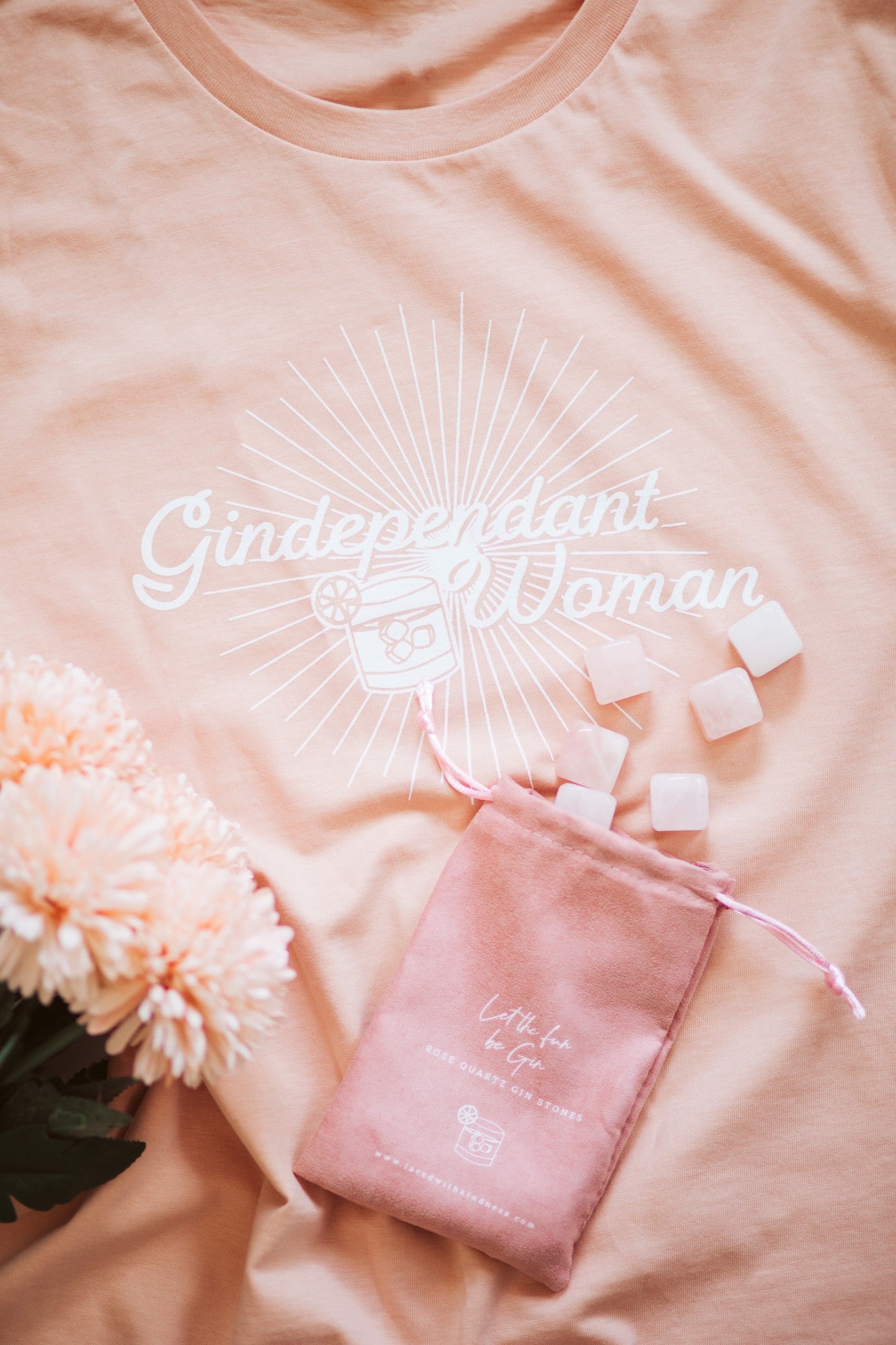 Gindependent Woman tee and a pouch of Rose Quartz Mixer Stones