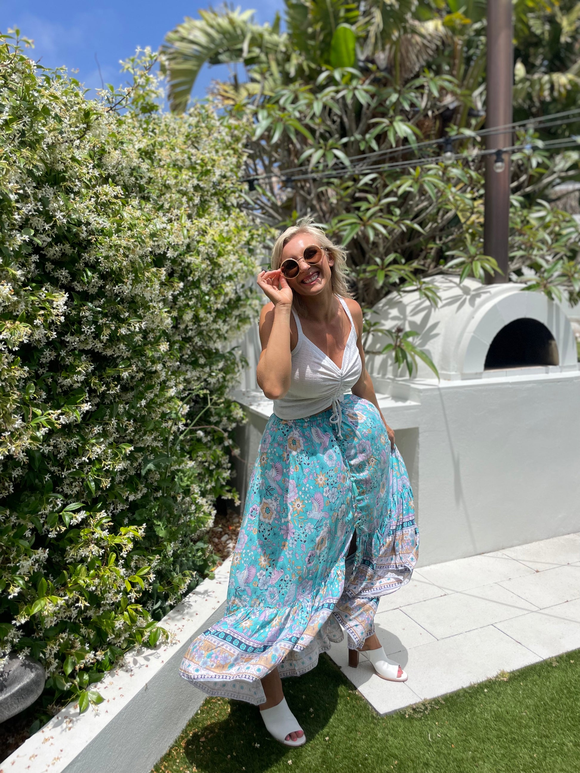 boho skirt claire, Australian boho shop, light blue floral skirt