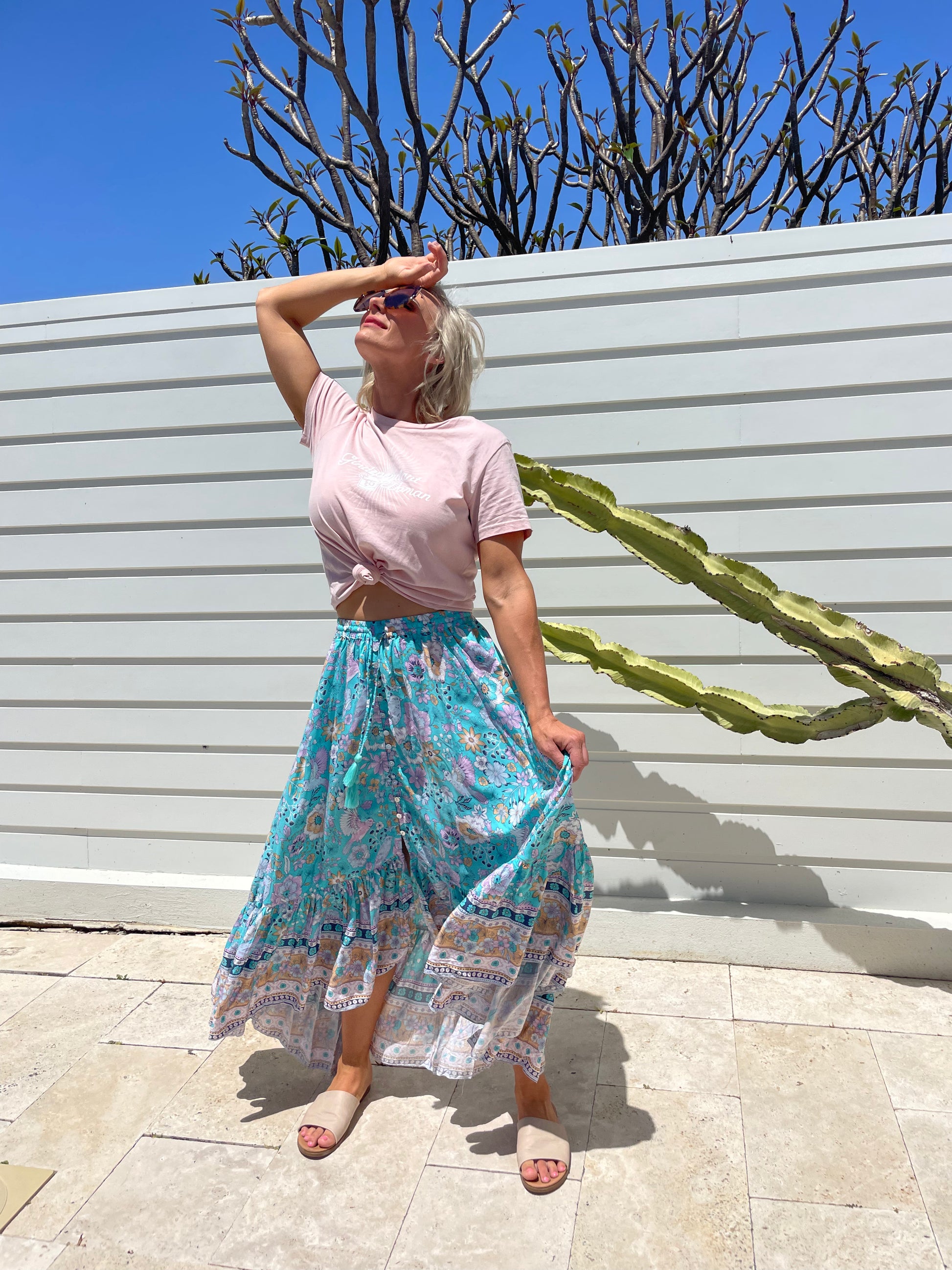 boho skirt claire, Australian boho shop, light blue floral skirt