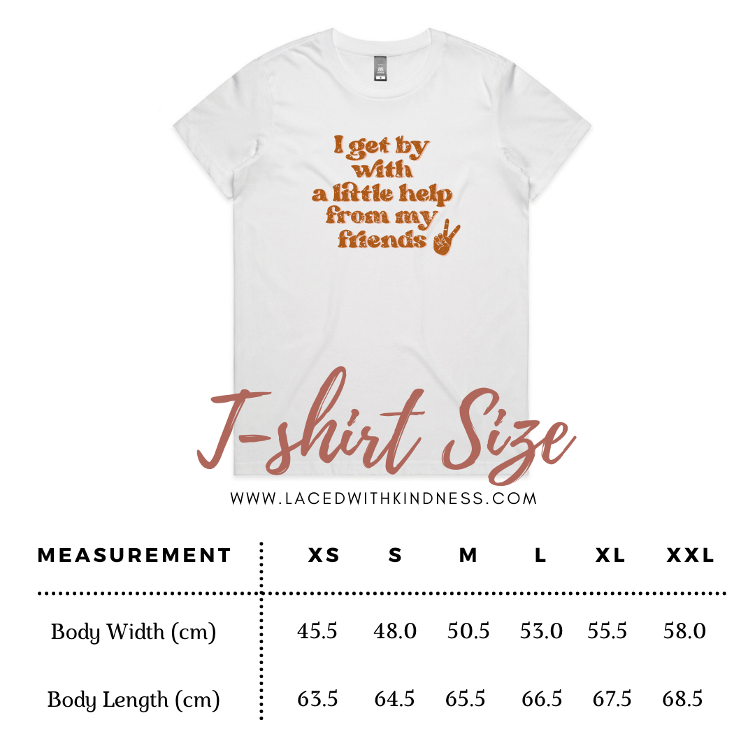 i get by with a little help from my friends peace sign white t-shirt size chart