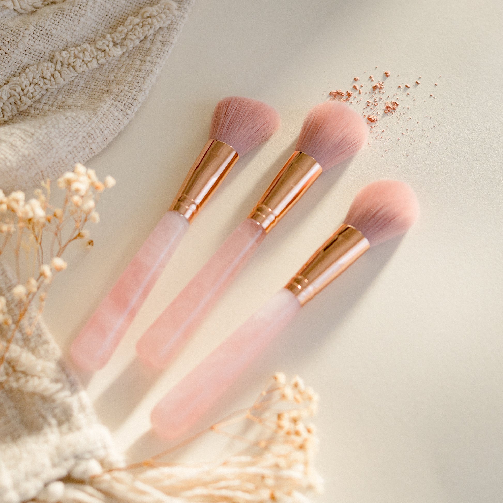 Rose Quartz soft makeup brush set, set of three, Australian brush, contour brush, blush, foundation brush